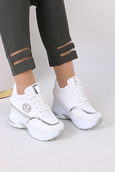 sefayol Karlis White Fur Hidden Heel Women's Sneakers