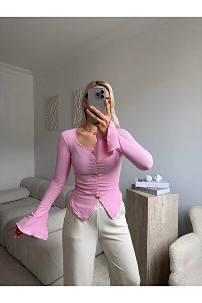 Zora Butik Kolları Volanlı Aksesuar Bluz - PEMBE