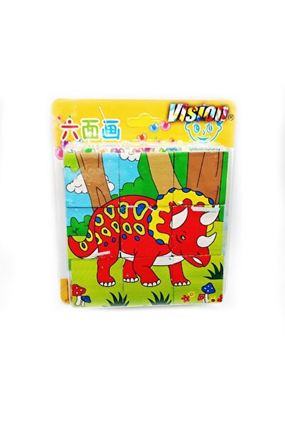 Vision Set 9 wooden puzzle cubes, 6 sides, 6 stories, Dinosaurs, 10x10cm,