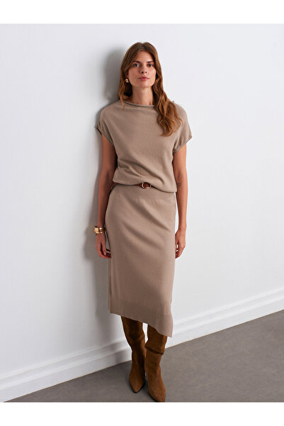Dilvin 90256 Μάλλινο Μικτό Πλεκτό Φόρεμα με Ζώνη-Καφέ Βιζόν Μ.