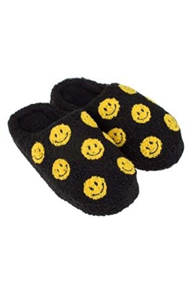 OEM Black Winter Slippers with Yellow Emoji Pattern for Women
