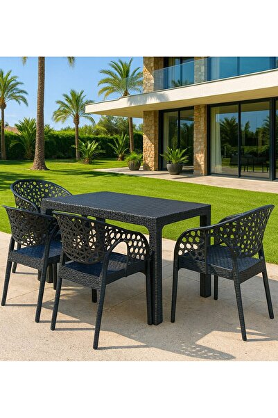 ZİYNET HOME Rattan Lotus Bahçe Balkon Masa Takımı 4 Kişilik 70x120 Masa Seti ...