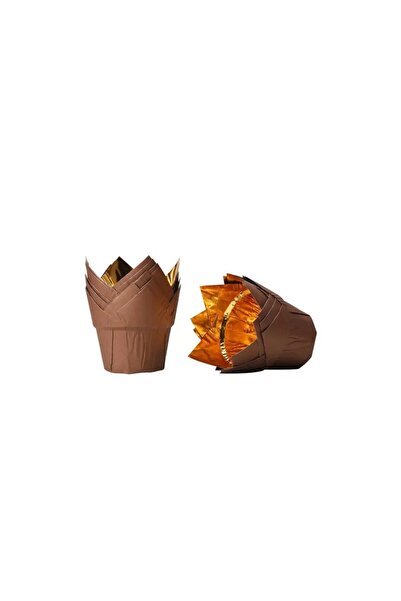 Doty Set Luxury 50 Cupcake and Muffin Baking Cups TullipCake, Oval, Elegant Design, Brown with Gold, Heat