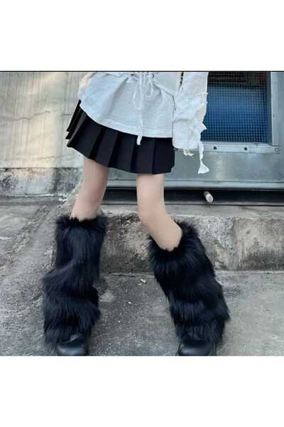 milio Siyah Renk Peluş Kürk Tozluk Uzun Tüylü Standart Beden Y2k Tozluk