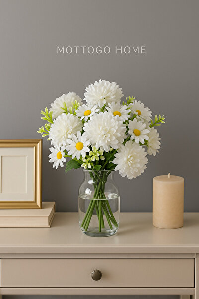 Mottogo Beyaz Kasımpatı ve Papatya Yapay Çiçek Buketi | Dekoratif Aranjman