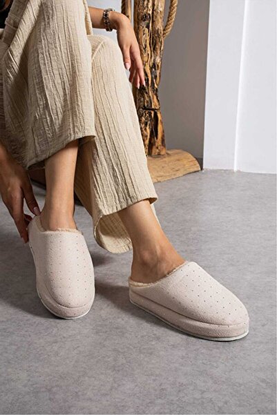 STOCON Women's Fur-Lined Stylish Stone-Embroidered Warm-Lined House Slippers Bohça Dowry Slippers Stc1177