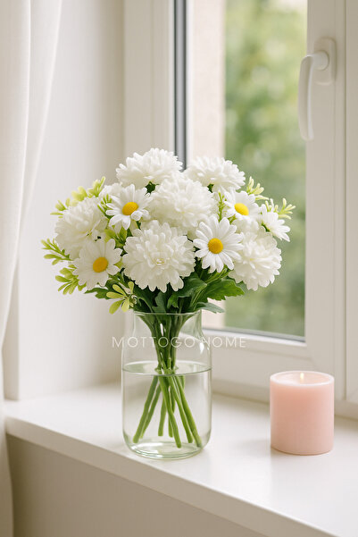 Mottogo Beyaz Kasımpatı ve Papatya Yapay Çiçek Buketi | Dekoratif Aranjman