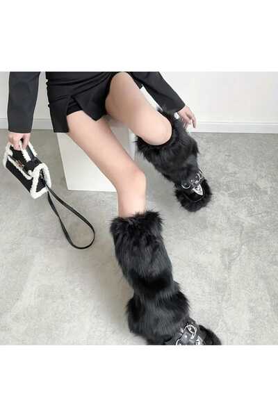 milio Black Color Plush Fur Leggings Long Furry Standard Size Y2K Leggings
