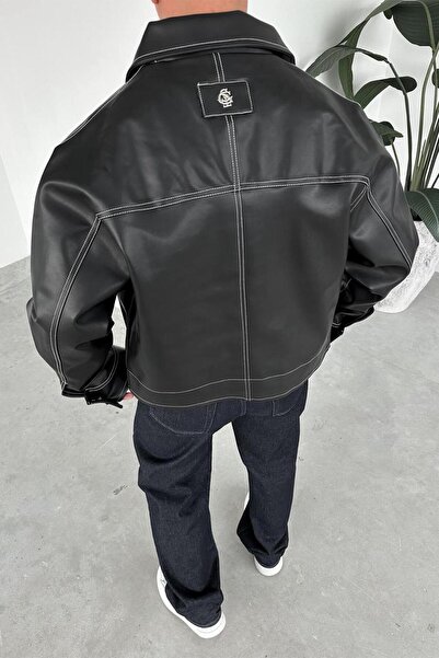 HAFKAGİYİM Black Reverse Stitch Crop Cut Premium Leather Jacket