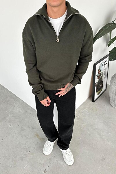 HAFKAGİYİM Khaki Half-Zip High Neck Knit Sweater