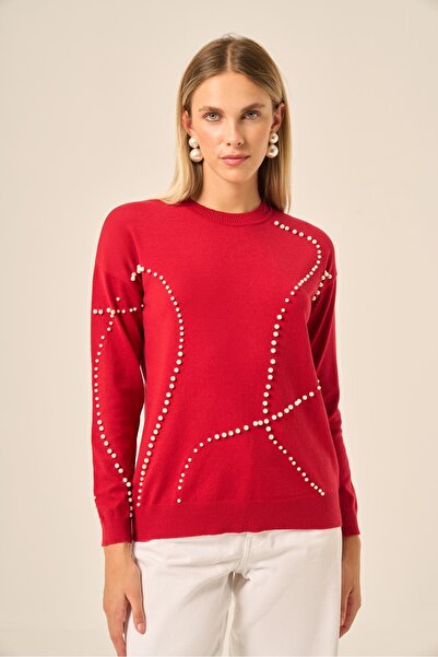 FTZ WOMEN Pulover de damă cu detalii perlat roșu 25103