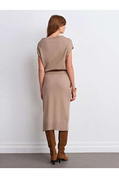Dilvin 90256 Μάλλινο Μικτό Πλεκτό Φόρεμα με Ζώνη-Καφέ Βιζόν Μ.