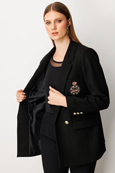 Ekol Women's Plus Size Pocket Embroidered Jacket 5571 Black