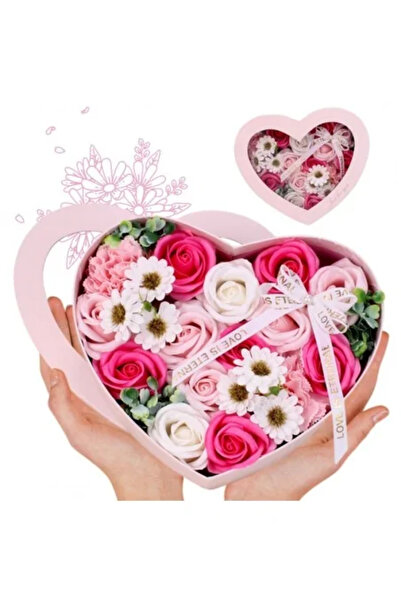 JollyMag Kytice růžových mýdlových květin, vonná, dekorativní krabička ve tvaru srdce, ideální dárek, BUK 01 R