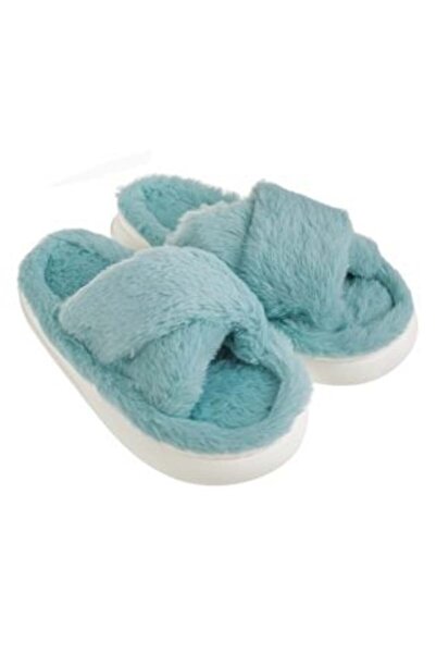 OEM Papuci de casă din blană artificială pentru femei, în albastru