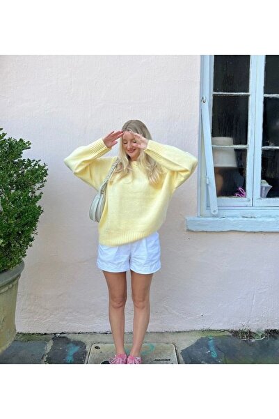 FLEX FASHION Women's Crew Neck Soft Lemon Yellow Oversized Knit Sweater
