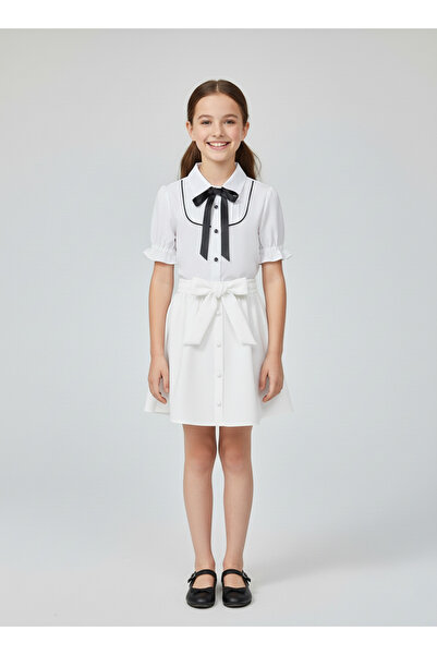 FATELLA Girl's White Shirt with Black Bow and Piping Detail White Flared Skir...