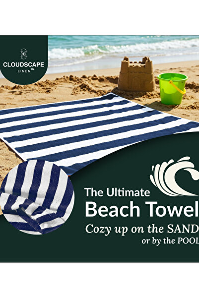 Cloud Scape Linen Cabana Stripe Beach Towel Set Pack of 2, Oversized Soft Cotton Towel, Perfect for Beach , 152x76 cm