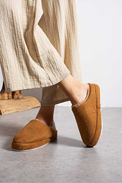 STOCON Women's Fur-Lined Stylish Stone-Embroidered Warm-Lined House Slippers Bohça Dowry Slippers Stc1177