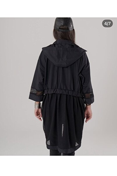 AGORATEKSTİL Women's Hooded Trench Oversize Jacket with Mesh Detail on the Back and Sleeves