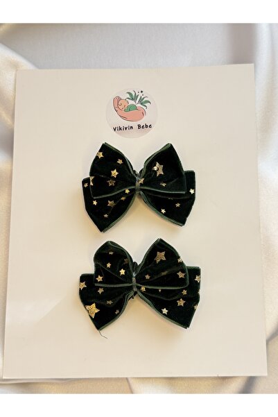 vikivin bebe مشابك شعر على شكل فيونكة مخملية خضراء مرصعة بالنجوم