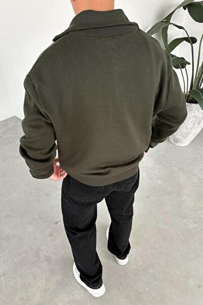 HAFKAGİYİM Khaki Half-Zip High Neck Knit Sweater