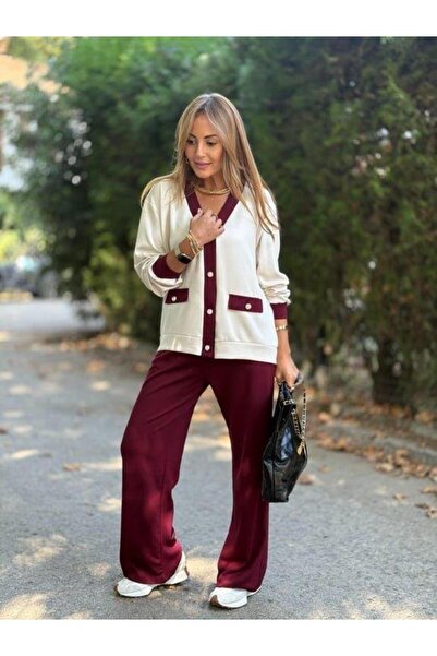 Aymood Women's long sleeve ribbed cardigan with pocket detail and wide leg pants two-piece set