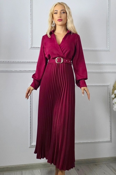 FashionForYou NOVARA long pleated dress, matching belt and lapels, Dark Red