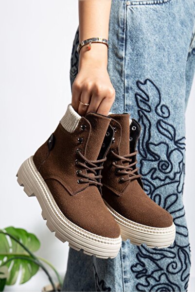 pabucmarketi Lace-Up High Sole Women's Worker Boots Brown Suede