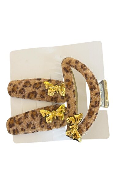 TAKIŞTIR Σετ με κούμπωμα με μανταλάκια και πλαϊνό κούμπωμα σε ανοιχτό καφέ χρώμα με σχήμα πεταλούδας και λεοπάρ