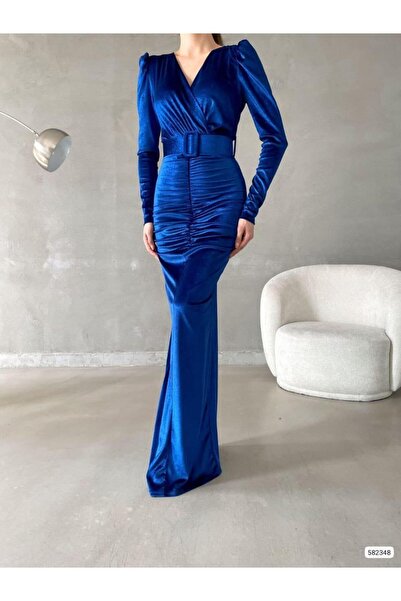 Modafeminen Quinn Kemer Detay Simli Kadife Elbise 582348 SAKS