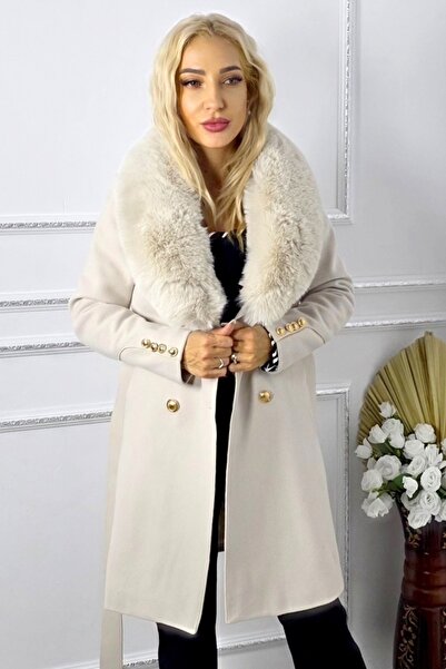 FashionForYou Palton scurt simetric EVoria, guler din blana si cordon in talie, Crem