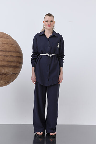 Modamorfo Women's Linen Suit with Belt Detail and Trousers - 14313Tks