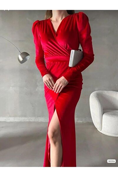 Modafeminen Double-Breasted Collar Slit Maxi Long Length Shoulder Padding Long Sleeve Velvet Evening Dress 581934 Red