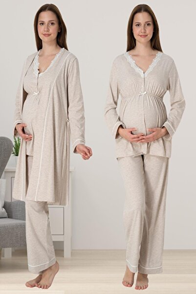 Lohusa Homewear Γυναικεία Μπεζ δαντελένια Βαμβακερά Χτενισμένα Βαμβακερά Σετ ...