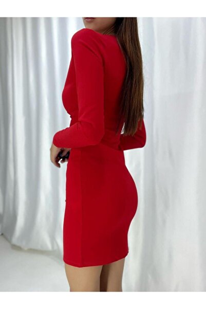 Modafeminen Crepe Fabric Double Breasted Collar Long Sleeve Dress 581879 Red