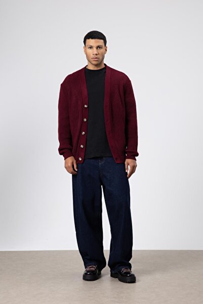 VAMOSCLO V-Neck Buttoned Knitted Cardigan Sweater Burgundy