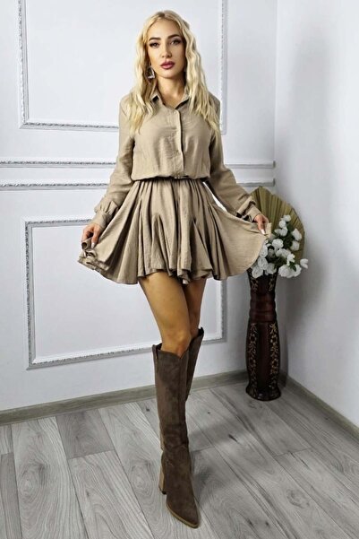 FashionForYou Rochie peonette, tip cămașă cu mânecă lungă și volane, Bej