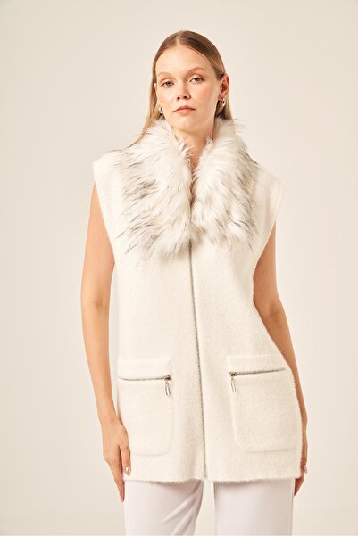 FTZ WOMEN Kadın Kürk Detaylı Angora Yelek Ekru 20778