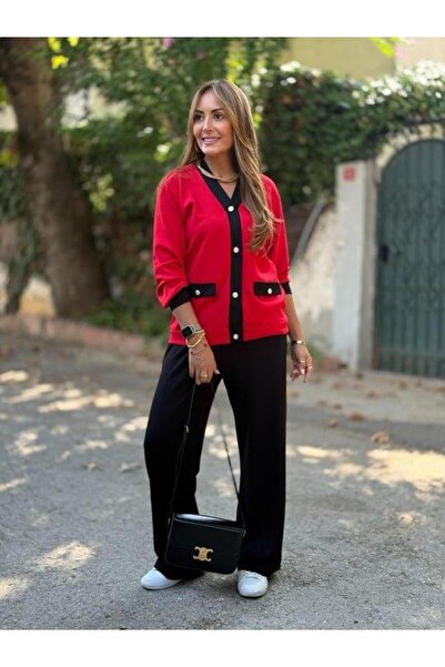 Aymood Women's long sleeve ribbed cardigan with pocket detail and wide leg pants two-piece set