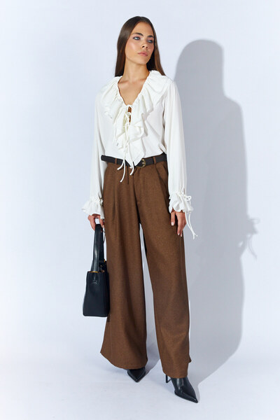 Manche Μάλλινο Εφέ με Αυτοδιακόπτη Ζώνη και Πένσα παντελόνι palazzo - Καφέ |   MKW669831-01