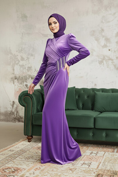 ALA MİRA Drape Detaylı Koyu Lila Tesettür Abiye Elbise ALM36891KLİLA