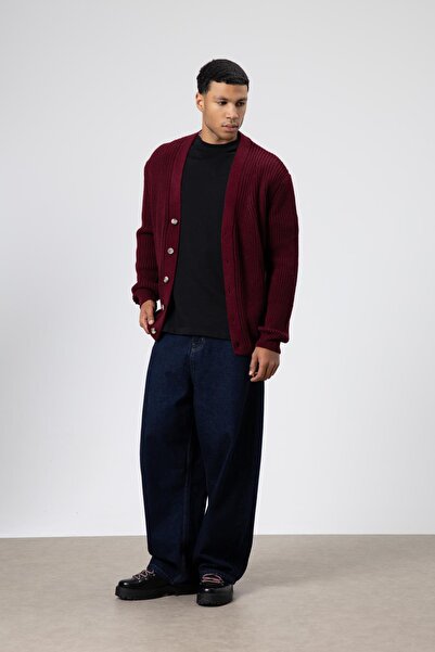 VAMOSCLO V-Neck Buttoned Knitted Cardigan Sweater Burgundy