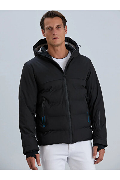 PIQUE Men's Ribbed Puffer Black Coat Santo with Hooded Print Detail