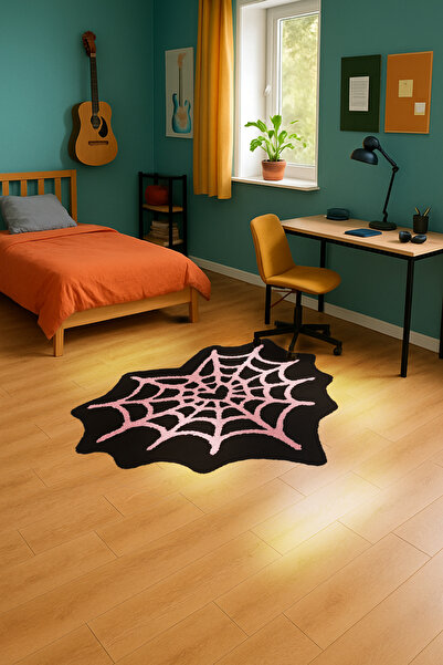 Rugs Modern Halı Mosso Black Pink Theme Heart and Spider Web Pattern Woven Ba...
