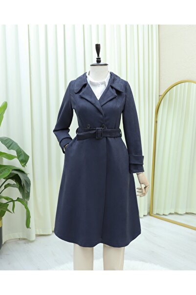 Modamorfo Beli Belted Pocketed Suede Cap - Navy