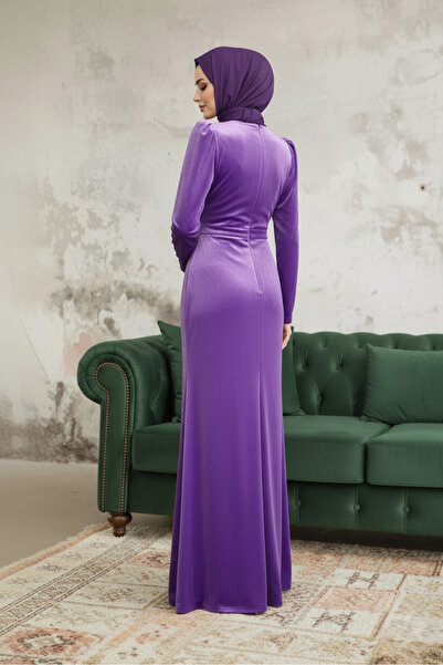ALA MİRA Drape Detaylı Koyu Lila Tesettür Abiye Elbise ALM36891KLİLA