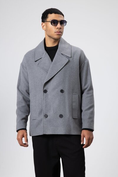 VAMOSCLO Oversize Double-Breasted Short Cashmere Jacket Gray