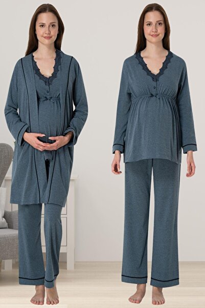 Lohusa Homewear Дамски антрацитен дантелен специален дизайн памучен джърси ко...