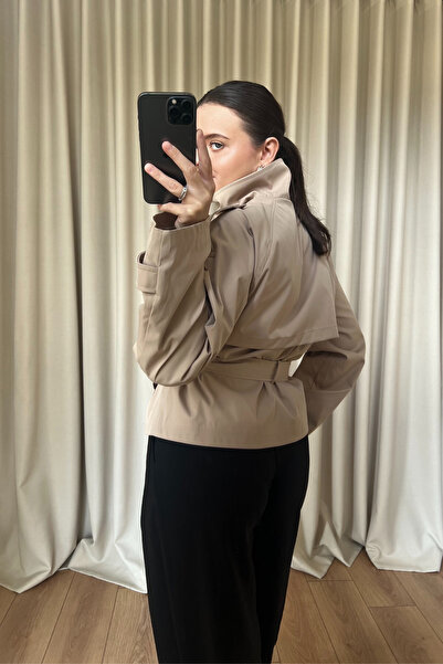 bsracetin co Vizon Dik Yaka Kuşaklı Kısa Trençkot